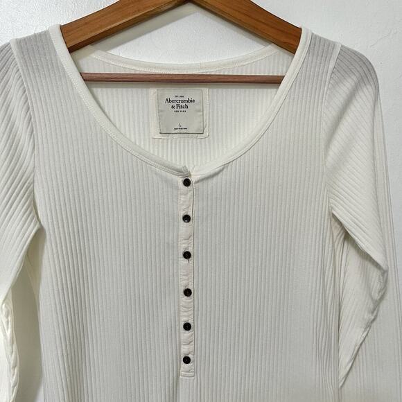 Abercrombie & Fitch Womens Thermal Henley Top Size L White Ribbed Neutral Y2K - Picture 3 of 6